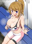  :d bike_shorts blue_eyes breasts brown_hair cleavage flashing gundam gundam_build_fighters gundam_build_fighters_try highres hoshino_fumina large_breasts midriff navel nipple_slip nipples open_mouth ponytail scrunchie sitting smile solo sports_bra steam steaming_body sweat wanao 