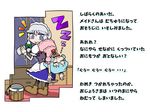  bat_wings blue_eyes blue_hair bow braid carrying dora_ita fang izayoi_sakuya maid maid_headdress multiple_girls no_hat no_headwear open_mouth parody remilia_scarlet ribbon short_hair shoulder_carry silver_hair sleeping sleeping_on_person style_parody touhou translated twin_braids wings 