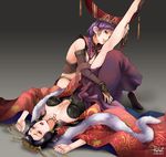  2girls animal_ears black_hair braid breasts cleavage da_ji detached_sleeves earrings hair_ornament hat highres holding_another&#039;s_foot holding_another's_foot jewelry kanzashi large_breasts medium_breasts multiple_girls musou_orochi musou_orochi_2_ultimate purple_hair reef signature tamamo_no_mae tamamo_no_mae_(musou_orochi_2_ultimate) yuri 