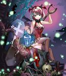  absurdres animal arm_up bare_arms bat bat_wings blue_eyes blue_fire boots breasts chushengdao cleavage cross dress fire fishnet_legwear fishnets halloween head_wings highres horns lantern looking_at_viewer medium_breasts original short_hair shovel sitting skull solo thighhighs tree_branch wings 