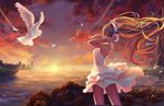  bird cloud dress floating_hair hands_on_headphones hatsune_miku headphones highres long_hair looking_back neko-mura_ikkro sky solo sunset very_long_hair vocaloid 