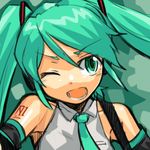  bad_id bad_pixiv_id choutako detached_sleeves green_eyes green_hair hatsune_miku lowres necktie one_eye_closed open_mouth solo twintails vocaloid 