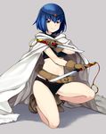  belt blue_eyes blue_hair boots breasts cape circlet cypria_(sennen_sensou_aigis) dagger full_body gloves looking_at_viewer medium_breasts sakumo_(karatama) sennen_sensou_aigis short_hair solo squatting weapon 