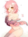  artist_name bad_id bad_pixiv_id between_breasts blush bra braid breasts chromatic_aberration covering embarrassed flower hair_flower hair_ornament large_breasts off_shoulder open_mouth orange_eyes panties petals pink_bra pink_hair pink_panties short_hair side-tie_panties solo sukja thighhighs underwear white_legwear white_panties 