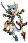  adapted_costume amazing-c blue_eyes blue_hair dual_wielding fish_tail gauntlets greaves grin holding horns mahou_shoujo_madoka_magica midriff multiple_arms navel oktavia_von_seckendorff polearm short_hair simple_background smile solo spear sword tail weapon white_background 