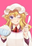  ;q blonde_hair bowl dress food food_on_face hat kappougi long_hair maribel_hearn mob_cap one_eye_closed pink_background purple_eyes rainx0z ribbon rice rice_bowl rice_on_face rice_spoon simple_background smile solo tongue tongue_out touhou 