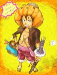  1boy basket food halloween hand_on_hip hat highres male_focus meat monkey_d_luffy one_piece open_clothes open_shirt red_shorts sandals scar sheathed_sword sheathed_weapon shirt shorts smile solo straw_hat translation_request 