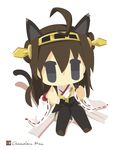 ahoge animal_ears artist_name bad_id bad_pixiv_id black_eyes brown_hair cat_ears cat_tail chameleon_man_(three) chibi detached_sleeves double_bun flat_color hairband kantai_collection kemonomimi_mode kongou_(kantai_collection) long_hair looking_at_viewer nontraditional_miko ribbon-trimmed_sleeves ribbon_trim simple_background sitting solo tail thighhighs white_background 