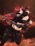  breasts cleavage covered_nipples gloves green_eyes highres jacket katarina_du_couteau knife large_breasts league_of_legends leather leather_gloves leather_jacket leather_pants long_hair midriff navel pants qinglong_zaitian red_hair scar 