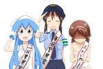  :d blue_eyes blue_hair bracelet dress ei_(ss4) faceless faceless_female female_service_cap furukawa_keiko hat highres ikamusume jewelry long_hair mole mole_under_eye multiple_girls nagatsuki_sanae no_eyes open_mouth police police_uniform policewoman salute sash shaded_face shinryaku!_ikamusume short_hair smile tentacle_hair translated uniform white_background 