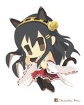  animal_ears artist_name bad_id bad_pixiv_id black_hair brown_eyes cat_ears cat_tail chameleon_man_(three) chibi detached_sleeves flat_color hair_ornament hairband hairclip haruna_(kantai_collection) kantai_collection kemonomimi_mode long_hair looking_at_viewer lying nontraditional_miko ribbon-trimmed_sleeves ribbon_trim simple_background solo tail thighhighs white_background 