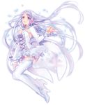  bracelet breasts cleavage cross-laced_clothes detached_sleeves dress floating_hair frills full_body garter_straps high_heels highres jewelry long_hair looking_at_viewer medium_breasts murakami_yuichi official_art original silver_eyes silver_hair solo very_long_hair white white_background white_dress white_legwear 
