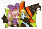  2girls bangs bat_wings blonde_hair bow cape halloween hat multiple_girls nanako_(skr7k) one_piece perona pink_hair stitching thriller_bark tongue twintails victoria_cindry wings witch_costume witch_hat zombie 