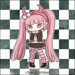  ayu_(mog) black_skirt bow danganronpa fake_horns hair_bow hairband jacket long_hair open_clothes pink_eyes pink_hair pout skirt solo striped striped_legwear thighhighs twintails utsugi_kotoko very_long_hair zettai_zetsubou_shoujo 