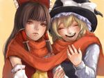  ascot bad_id bad_pixiv_id bow brown_eyes brown_hair closed_eyes detached_sleeves expressionless friends hair_bow hair_tubes hakurei_reimu hat kirisame_marisa lips long_hair long_sleeves multiple_girls nose nrbn24 portrait red_scarf ribbon-trimmed_sleeves ribbon_trim scarf shared_scarf shirt smile touhou vest white_shirt witch_hat 