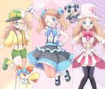  adjusting_eyewear alternate_costume bad_id bad_pixiv_id baseball_cap bespectacled black_legwear blue_eyes bow bowtie brown_hair clothed_pokemon dress fennekin frilled_dress frills gen_6_pokemon glasses gloves hair_bow hat long_hair looking_at_viewer mei_(maysroom) midriff pancham pokemon pokemon_(anime) pokemon_(creature) serena_(pokemon) smile suspenders thigh_gap thighhighs top_hat white_gloves wristband 