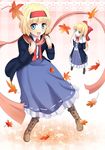  a_(aaaaaaaaaaw) alice_margatroid arms_behind_back autumn_leaves belt blonde_hair blue_dress blue_eyes boots bow capelet coat dress hair_bow hairband jacket long_sleeves matching_shanghai open_clothes open_coat open_jacket open_mouth scarf shanghai_doll shirt skirt smile touhou 
