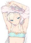  aida_takanobu armpits arms_up bad_id bad_twitter_id blue_bra blue_eyes bra character_request collarbone flat_chest frilled_bra frills half-closed_eyes long_hair solo underwear undressing upper_body white_background white_hair 