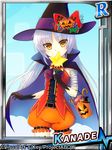  angel_beats! bandages cape card_(medium) card_parody cinderella_girls_card_parody gloves halloween hat jack-o'-lantern long_hair puffy_pants remotaro silver_hair solo tenshi_(angel_beats!) wand witch witch_hat yellow_eyes 