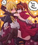  2girls artist_request blonde_hair blue_eyes blush brown_hair costume couple devil embarrassed fang fate_testarossa female hair_ornament halloween hug long_hair looking_at_another lyrical_nanoha mahou_senki_lyrical_nanoha_force mahou_shoujo_lyrical_nanoha mahou_shoujo_lyrical_nanoha_strikers mahou_shoujo_lyrical_nanoha_vivid multiple_girls ponytail red_eyes smile takamachi_nanoha vampire very_long_hair wavy_mouth yakisoba_(ya_kiso_ba) yuri 