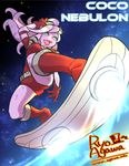  agawa_ryou alien awesomenauts blue_eyes boots character_name coco_nebulon gloves goggles goggles_on_head hover_board lips lipstick long_hair makeup pink_hair pink_skin red_gloves shorts solo space tentacle_hair 