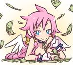  1girl artina_(disgaea) blue_eyes braid breasts cleavage disgaea long_hair makai_senki_disgaea_4 medium_breasts money pink_hair wings 