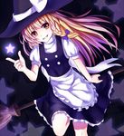  apron black_dress blonde_hair bow braid broom broom_riding dress grin hat hat_bow kirisame_marisa long_hair meng_xiao_jiong puffy_short_sleeves puffy_sleeves shirt short_sleeves single_braid smile solo star touhou very_long_hair waist_apron white_bow witch_hat yellow_eyes 