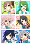  :d :o ;d ahoge akigumo_(kantai_collection) black_hair blue_eyes bow bowtie braid brown_hair double_bun fang green_eyes grey_hair grin hair_over_one_eye hair_ribbon hayashimo_(kantai_collection) kantai_collection kiyoshimo_(kantai_collection) light_brown_eyes long_hair long_sleeves makigumo_(kantai_collection) mole mole_under_mouth multicolored_hair multiple_girls naganami_(kantai_collection) nagasioo one_eye_closed open_mouth pink_hair ponytail ribbon school_uniform smile translated two-tone_hair v v-shaped_eyebrows yuugumo_(kantai_collection) 