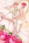  1girl blush bouquet bridal_veil crossdressing dress dutch_angle flower gekkan_shoujo_nozaki-kun hair_flower hair_ornament highres mikoshiba_mikoto orange_hair purple_eyes red_eyes red_flower red_hair red_rose rinoko rose sakura_chiyo veil wedding_dress white_flower white_rose 