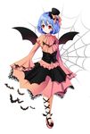  alternate_costume bat bat_wings blue_hair blush brooch corset cross-laced_legwear fang fang_out gothic_lolita halloween hat highres hoxi jewelry lolita_fashion looking_away platform_footwear red_eyes remilia_scarlet silk solo spider_web touhou wings 
