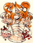  bandages blush breasts green_eyes hat kusanagi_tonbo long_hair looking_at_viewer medium_breasts mummy navel octopus open_mouth orange_hair original outstretched_arms pointy_ears trick_or_treat twintails witch_hat zombie_pose 