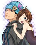  1girl ;d bare_shoulders beanie black_hair blue_eyes blue_hat brown_hair cut_(bu-kunn) earrings facial_hair gyakuten_saiban gyakuten_saiban_4 hat hood hoodie jacket jewelry naruhodou_minuki naruhodou_ryuuichi one_eye_closed open_mouth ponytail short_hair smile stubble 