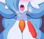  1girl alternate_color blue_hair blush breasts gardevoir huge_breasts jcdr lucy_(jcdr) open_mouth pokemon popsicle saliva sexually_suggestive shiny_pokemon solo steam teeth tongue 
