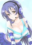  bare_shoulders blue_hair breasts cheerleader cleavage collarbone covered_nipples detached_sleeves frapowa headphones large_breasts love_live! love_live!_school_idol_project microphone midriff skirt solo sonoda_umi star strap_slip takaramonozu tank_top yellow_eyes 