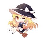  ;d blonde_hair bow braid broom chibi cuivre hair_bow hair_ribbon hat kirisame_marisa long_hair looking_at_viewer one_eye_closed open_mouth ribbon riding single_braid smile solo touhou v white_background witch_hat yellow_eyes 