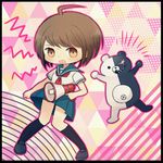  ahoge ayu_(mog) bangs black_border black_legwear blue_skirt blush border brown_eyes brown_hair danganronpa megaphone monokuma naegi_komaru open_mouth pleated_skirt school_uniform serafuku short_hair short_sleeves skirt socks solo swept_bangs zettai_zetsubou_shoujo 