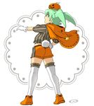  aqua_eyes bunny_tail fei_rune full_body gloves green_hair halloween inazuma_eleven_(series) inazuma_eleven_go inazuma_eleven_go_chrono_stone jack-o'-lantern looking_at_viewer looking_back male_focus mizuhara_aki open_mouth pumpkin shorts solo standing star tail thighhighs white_background white_gloves white_legwear 