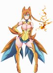  bare_shoulders blue_eyes breasts center_opening charizard detached_sleeves dress fire gen_1_pokemon highres large_breasts long_hair mega_charizard_y mega_pokemon orange_hair personification pokemon ponytail short_dress solo xiaoking 