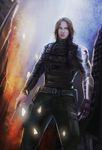  1boy blue_eyes brown_hair captain_america_the_winter_soldier harness james_buchanan_barnes knife male male_focus marvel mcu prosthesis prosthetic_arm solo spark star weapon 
