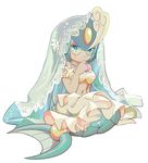  aqua_eyes blush coramune dress fins full_body hand_to_own_mouth helmet jewelry looking_at_viewer navel necklace rockman solo splash_woman tail_fin veil wedding_dress 