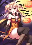  :d bat black_gloves black_legwear blush boots breasts broom broom_riding capelet cleavage dress fang fingerless_gloves full_moon gloves hair_ornament halloween highres jack-o'-lantern long_hair looking_at_viewer medium_breasts moon night night_sky nyarumi open_mouth original red_eyes sky smile solo thighhighs two_side_up 
