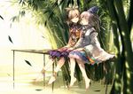  anklet bamboo bangs barefoot belt blonde_hair closed_eyes earmuffs foot_dangle hat hat_ribbon highres holding_hands jewelry kieta lace lace-trimmed_skirt leaf long_legs long_sleeves looking_at_another mononobe_no_futo multiple_girls neck_ribbon open_mouth outdoors pier plant pointy_hair pom_pom_(clothes) pond ponytail ribbon ribbon-trimmed_sleeves ribbon_trim shirt side-by-side silver_hair sitting skirt sleeveless sleeveless_shirt smile tate_eboshi touhou toyosatomimi_no_miko water wide_sleeves wing_collar yellow_eyes yuri 