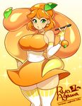  agawa_ryou artist_name blush borrowed_character bracelet breasts commentary_request dress earrings elbow_gloves fingerless_gloves food fruit gloves green_eyes halterneck hand_on_hip jewelry lady_orange large_breasts leaf leaf_on_head lips lipstick makeup md5_mismatch nail_polish orange orange_(color) orange_dress orange_hair orange_lipstick orange_nails original puckered_lips sash short_hair sideboob skindentation slender_waist solo tail thighhighs watermark web_address white_gloves white_legwear 