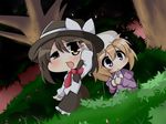  blonde_hair bow brown_eyes brown_hair chibi hair_bow hair_ribbon hat long_hair maribel_hearn mob_cap multiple_girls necktie open_mouth purple_eyes ribbon short_hair touhou tree twumi usami_renko 