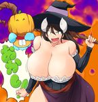  bare_shoulders breasts brown_hair cleavage dragon's_crown gigantic_breasts halloween hat hataraki_ari highres horns long_hair original sash smile solo sorceress_(dragon's_crown) sorceress_(dragon's_crown)_(cosplay) staff sukimi translation_request wide_hips witch_hat yellow_eyes 