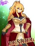  agawa_ryou armor artist_name blonde_hair breastplate breasts cape character_name copyright_request earrings fantasy hand_on_hip jewelry large_breasts md5_mismatch orange_eyes pauldrons pointy_ears ponytail showgirl_skirt skin_tight solo 