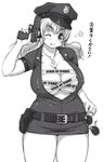  ;p blush breasts cleavage covered_nipples eyewear_removed gun halloween handgun hat headphones holding holding_eyewear huge_breasts looking_at_viewer md5_mismatch monochrome nitroplus one_eye_closed open_clothes open_shirt peaked_cap plump police police_uniform policewoman shirt short_hair skirt smile solo sunglasses super_pochaco sweat tongue tongue_out translation_request trick_or_treat tsuji_santa twintails uniform weapon 