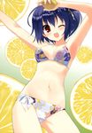  ;d absurdres armpits arms_up bikini black_lemon-chan blue_hair blush breasts brown_eyes floral_print food fruit fumio_(ura_fmo) highres lemon lemon_slice medium_breasts melonbooks navel one_eye_closed open_mouth print_bikini scan shiny shiny_hair short_hair side-tie_bikini smile swimsuit white_bikini 