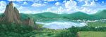  back bad_id bad_pixiv_id blouse bow brown_hair cherry_blossoms cloud day detached_sleeves gensoukyou hair_bow hair_tubes hakurei_reimu lake landscape long_hair misty_lake mountain reflection rice_paddy scarlet_devil_mansion scenery sitting skirt sky solo touhou town tree yuuko-san 
