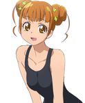  breasts brown_eyes brown_hair dokidoki!_precure double_bun looking_at_viewer manji_(tenketsu) medium_breasts one-piece_swimsuit precure school_swimsuit short_hair simple_background solo swimsuit white_background yotsuba_alice 